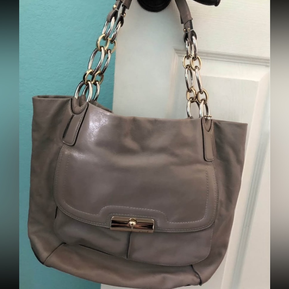 Coach Taupe Leather Bag with Gold Accents